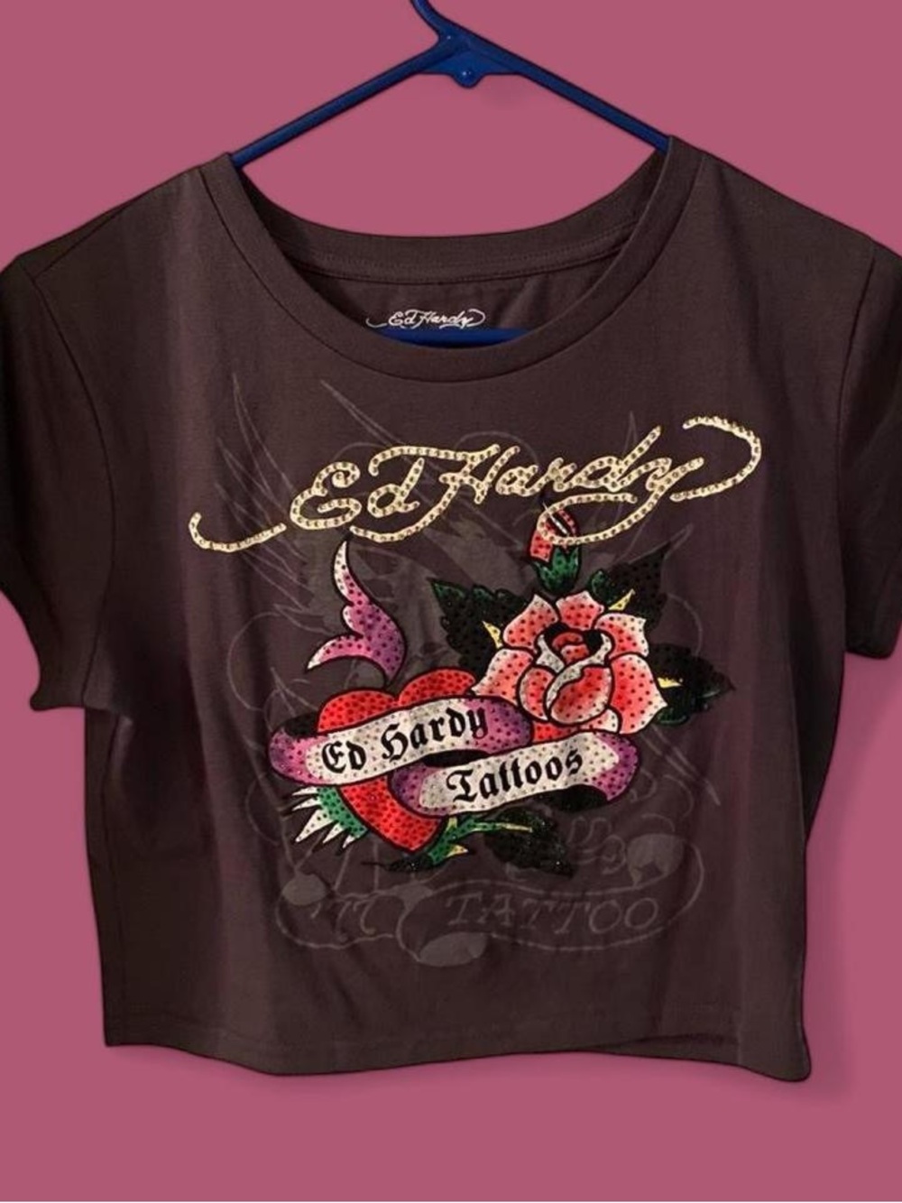 Ed Hardy Brown Short Sleeve Tee with Tattoo Rose Heart Graphic and Gold Logo